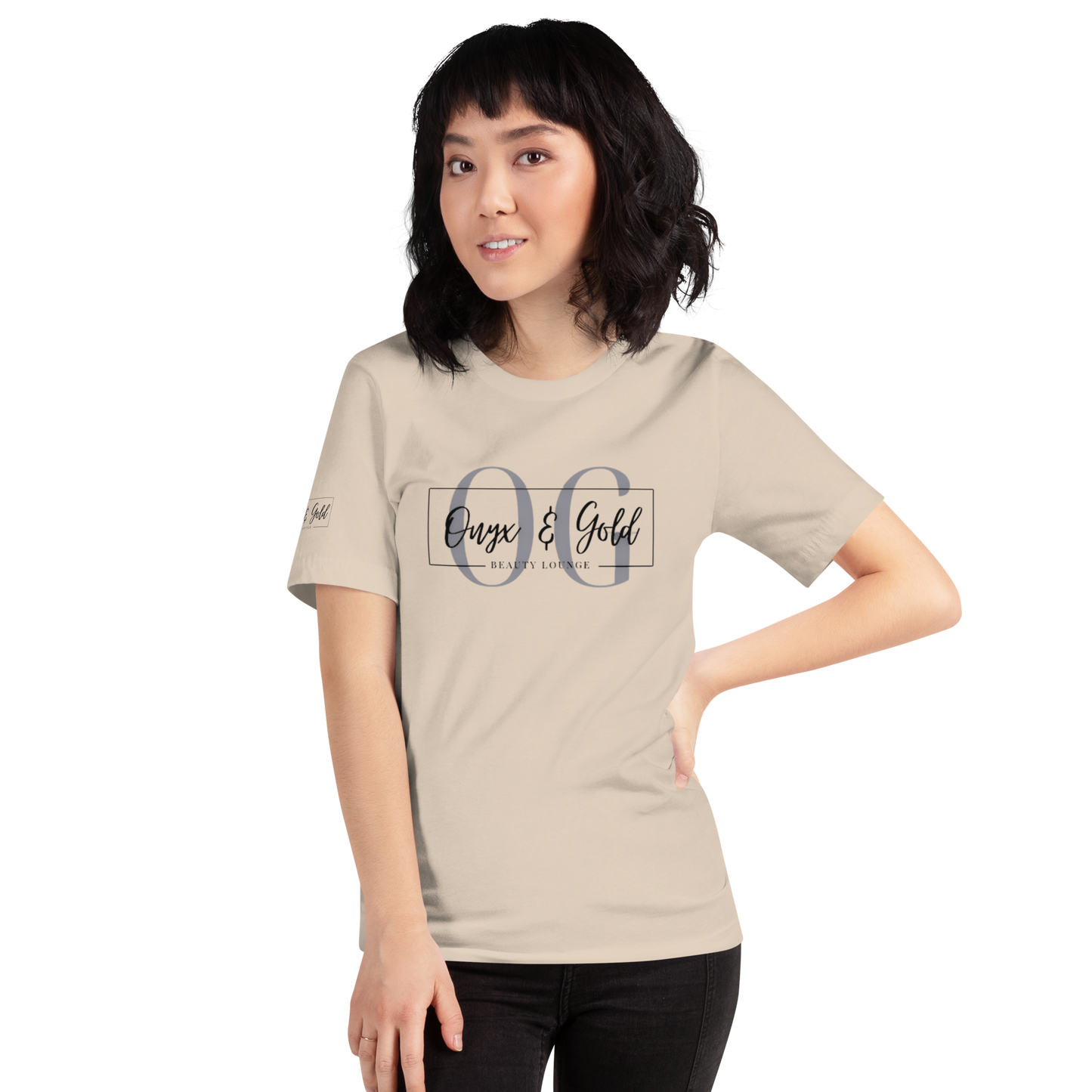 Onyx & Gold Unisex t-shirt - Bella + Canvas 3001 - OG Black Logo w/ Logo on Right sleeve