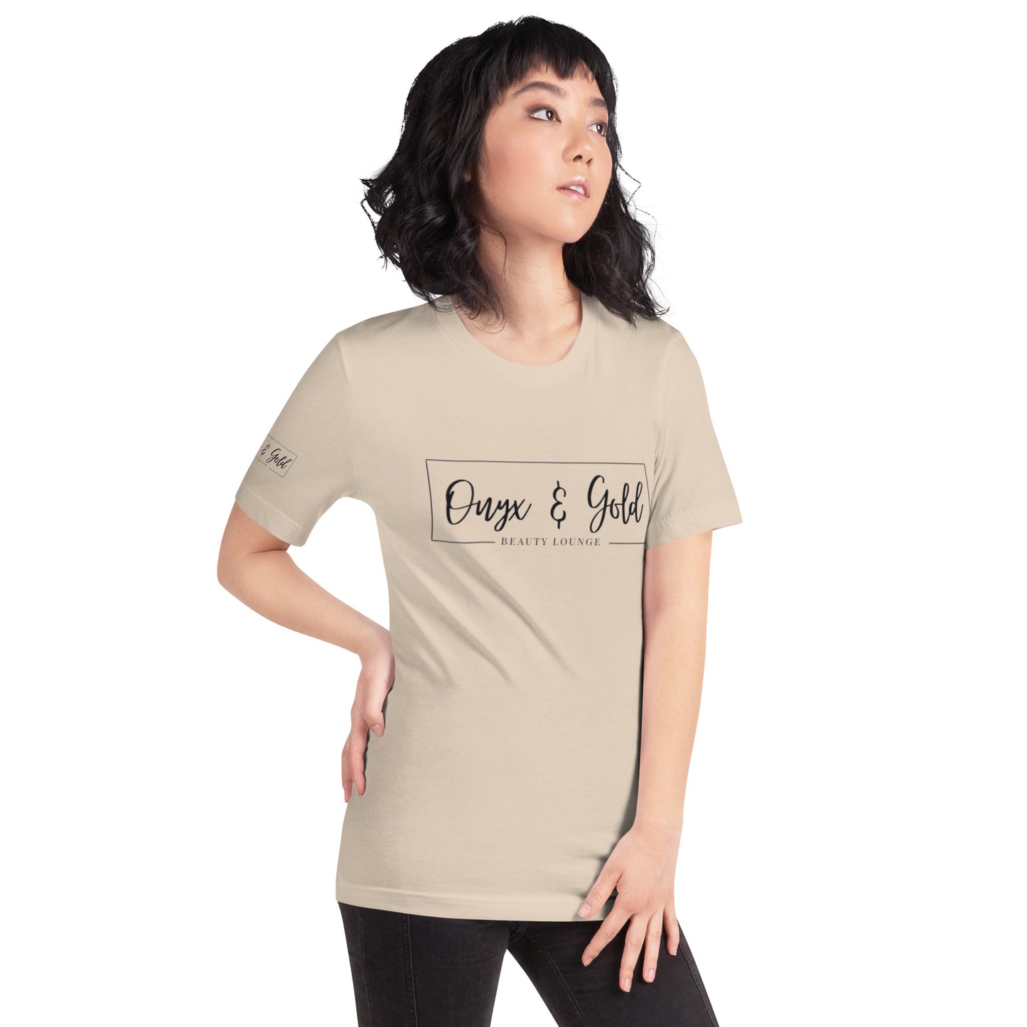 Onyx & Gold Unisex t-shirt - Bella + Canvas 3001 - Black Logo w/ Right Sleeve Logo