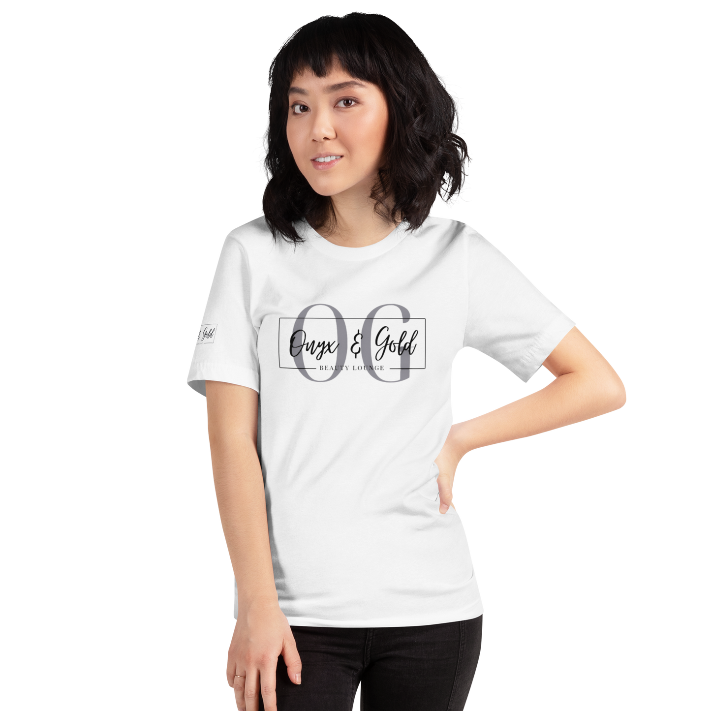 Onyx & Gold Unisex t-shirt - Bella + Canvas 3001 - OG Black Logo w/ Logo on Right sleeve