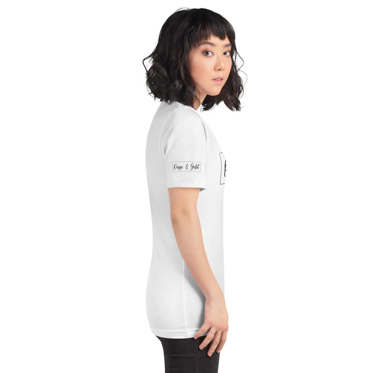 Onyx & Gold Unisex t-shirt - Bella + Canvas 3001 - Black Logo w/ Right Sleeve Logo
