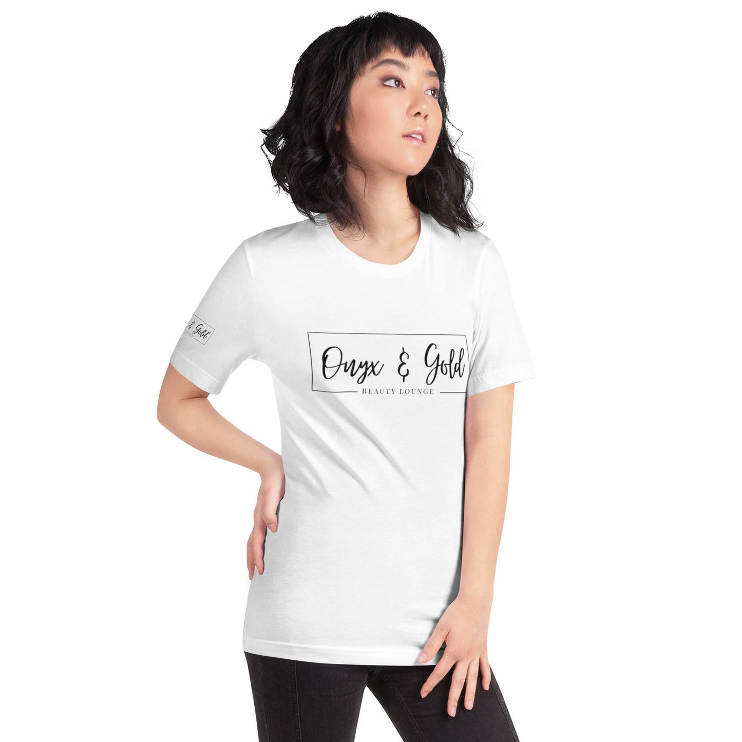 Onyx & Gold Unisex t-shirt - Bella + Canvas 3001 - Black Logo w/ Right Sleeve Logo