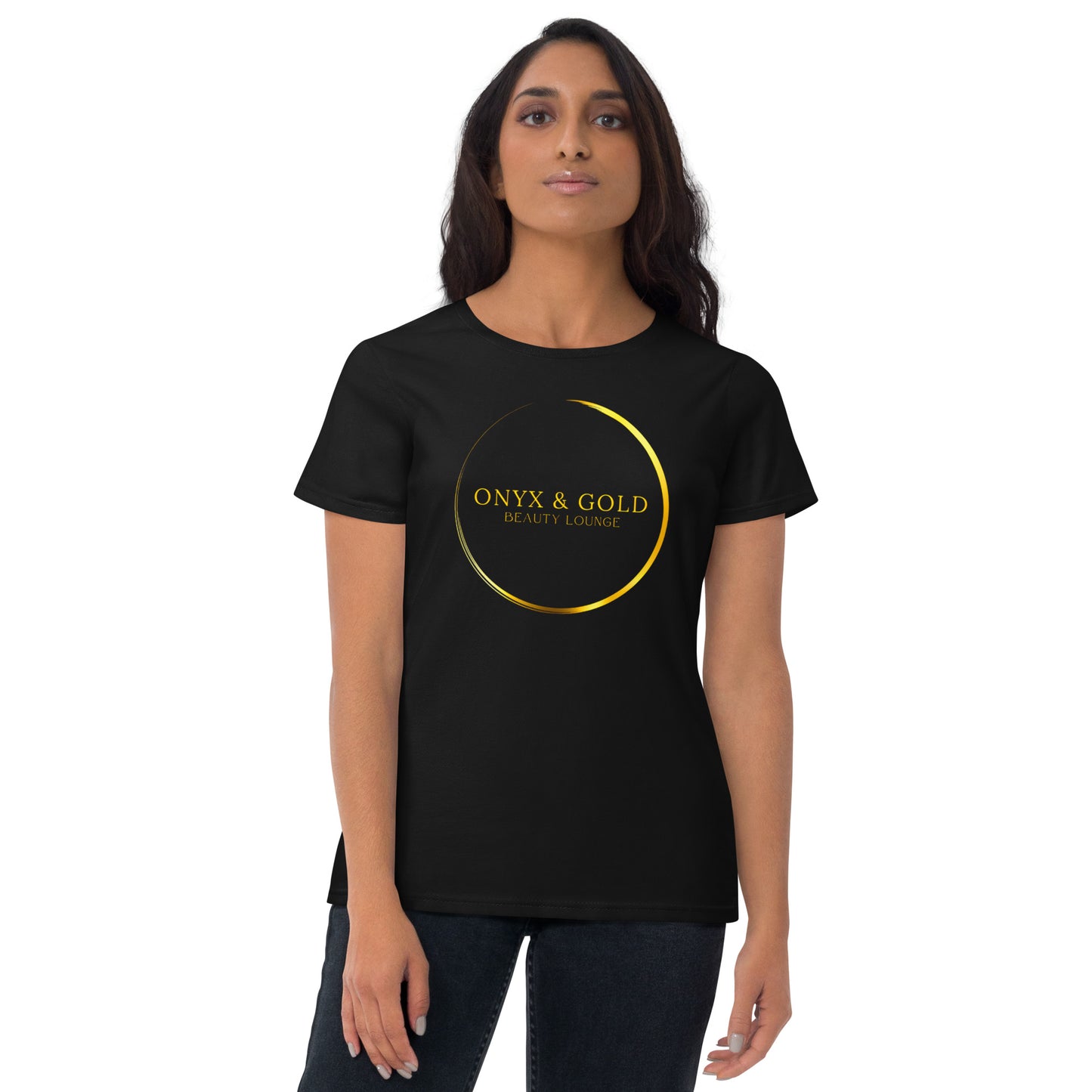 Onyx & Gold -Women's Fashion Fit T-Shirt | Gildan 880 - Gold Logo with logo on back
