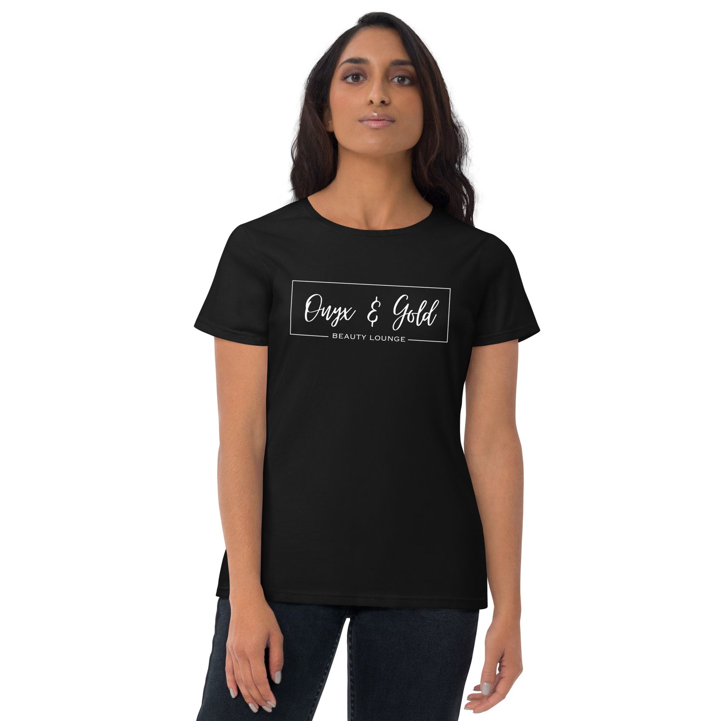 Onyx & Gold -Women's Fashion Fit T-Shirt | Gildan 880 - White Logo w/ Logo on Back