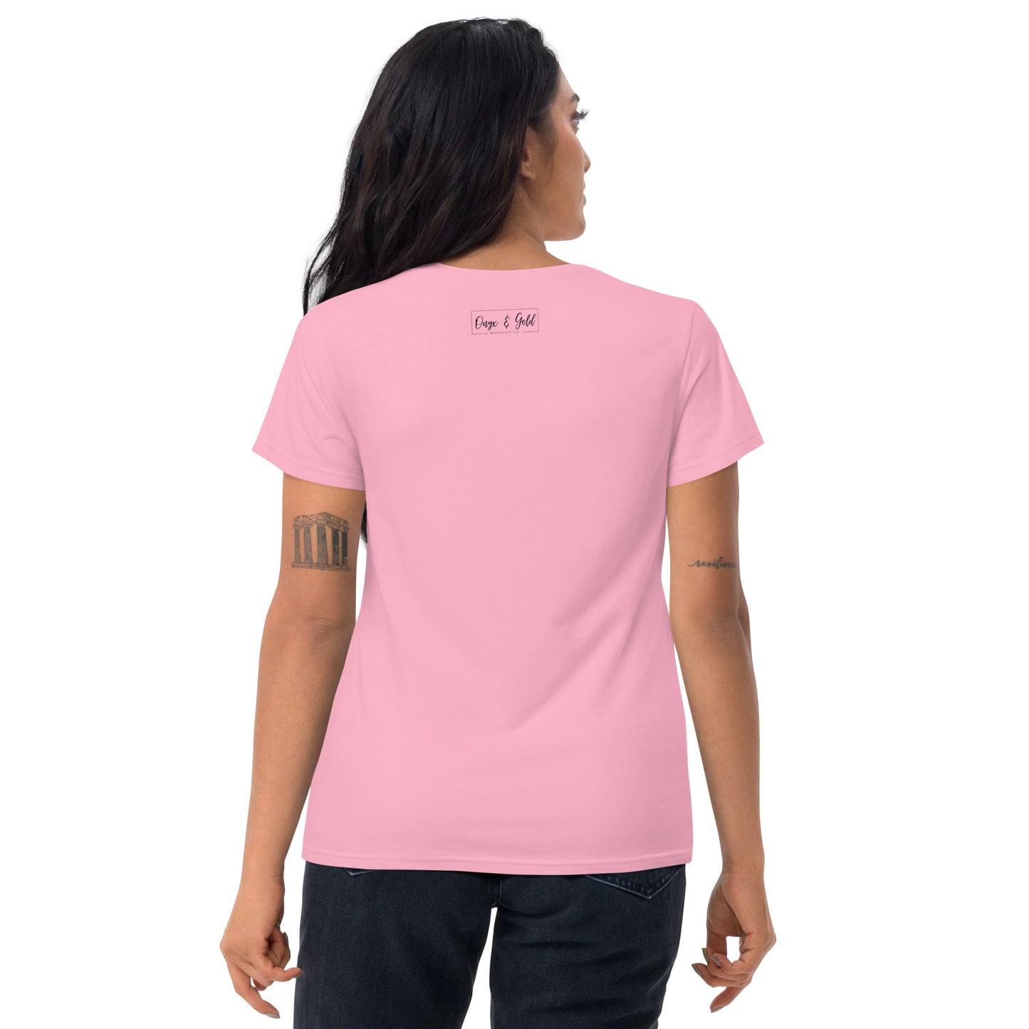 Onyx & Gold -Women's Fashion Fit T-Shirt | Gildan 880 - Black Logo with logo on back