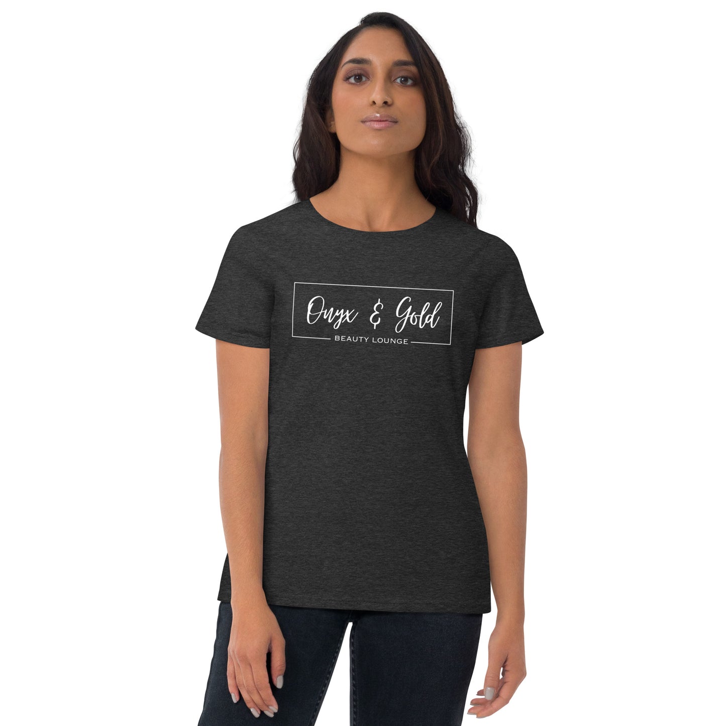 Onyx & Gold -Women's Fashion Fit T-Shirt | Gildan 880 - White Logo w/ Logo on Back