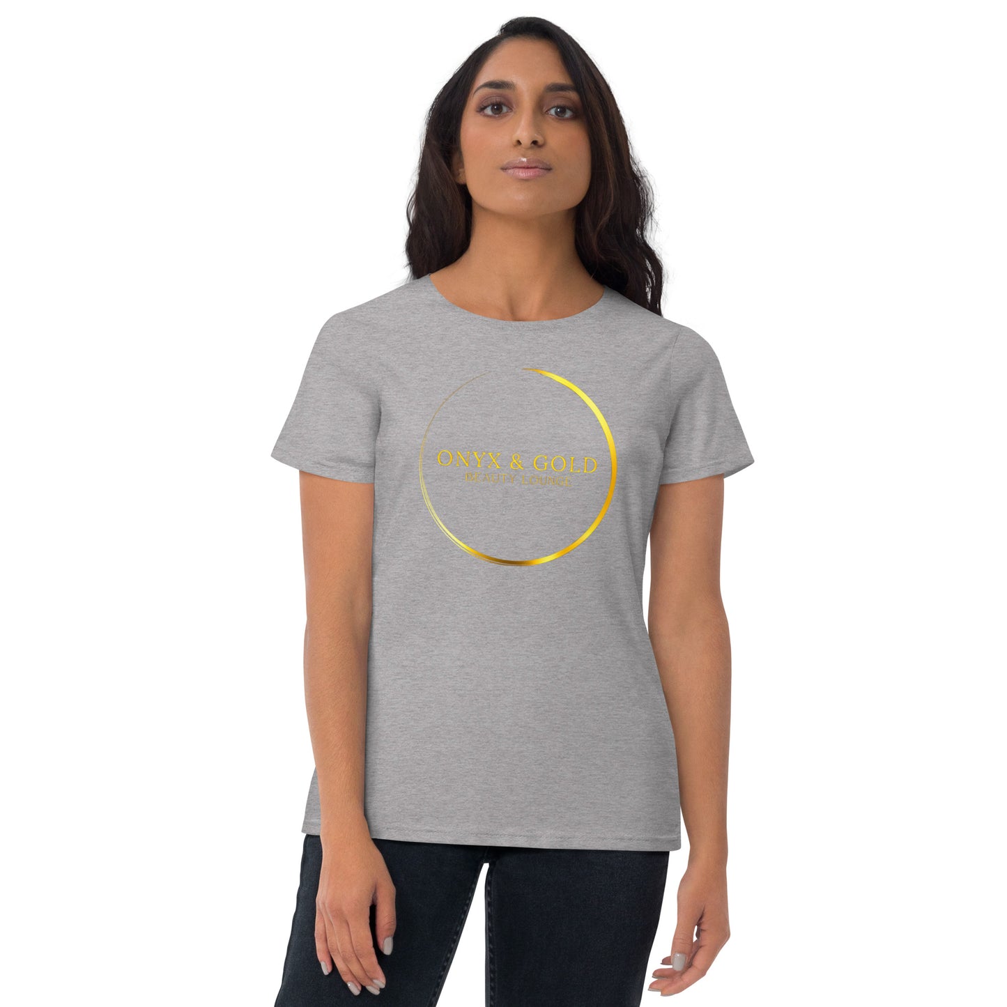 Onyx & Gold -Women's Fashion Fit T-Shirt | Gildan 880 - Gold Logo with logo on back