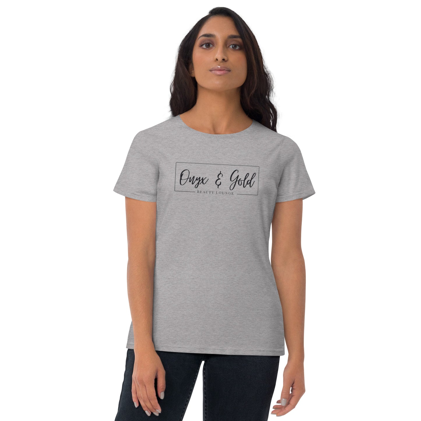 Onyx & Gold -Women's Fashion Fit T-Shirt | Gildan 880 - Black Logo with logo on back