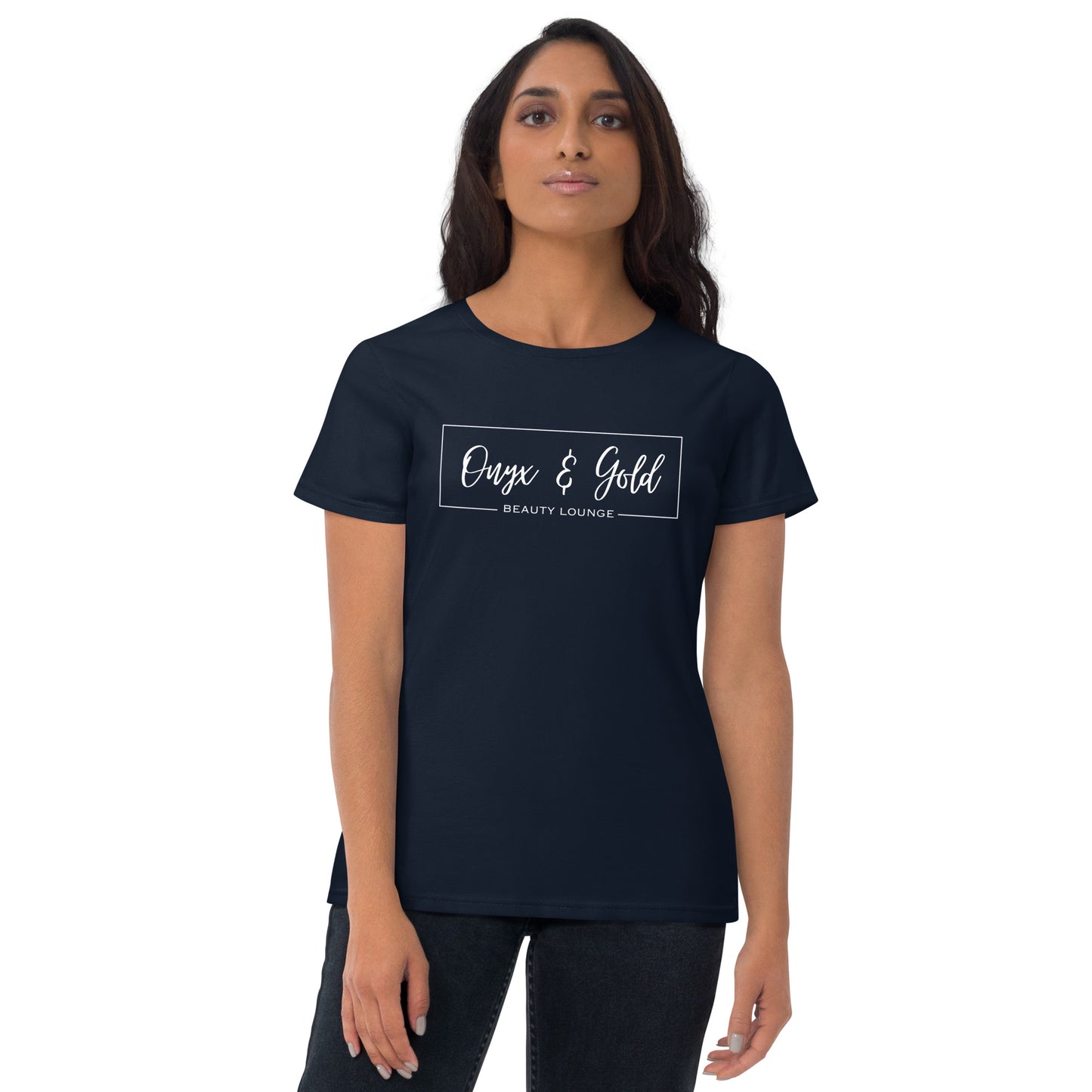 Onyx & Gold -Women's Fashion Fit T-Shirt | Gildan 880 - White Logo w/ Logo on Back