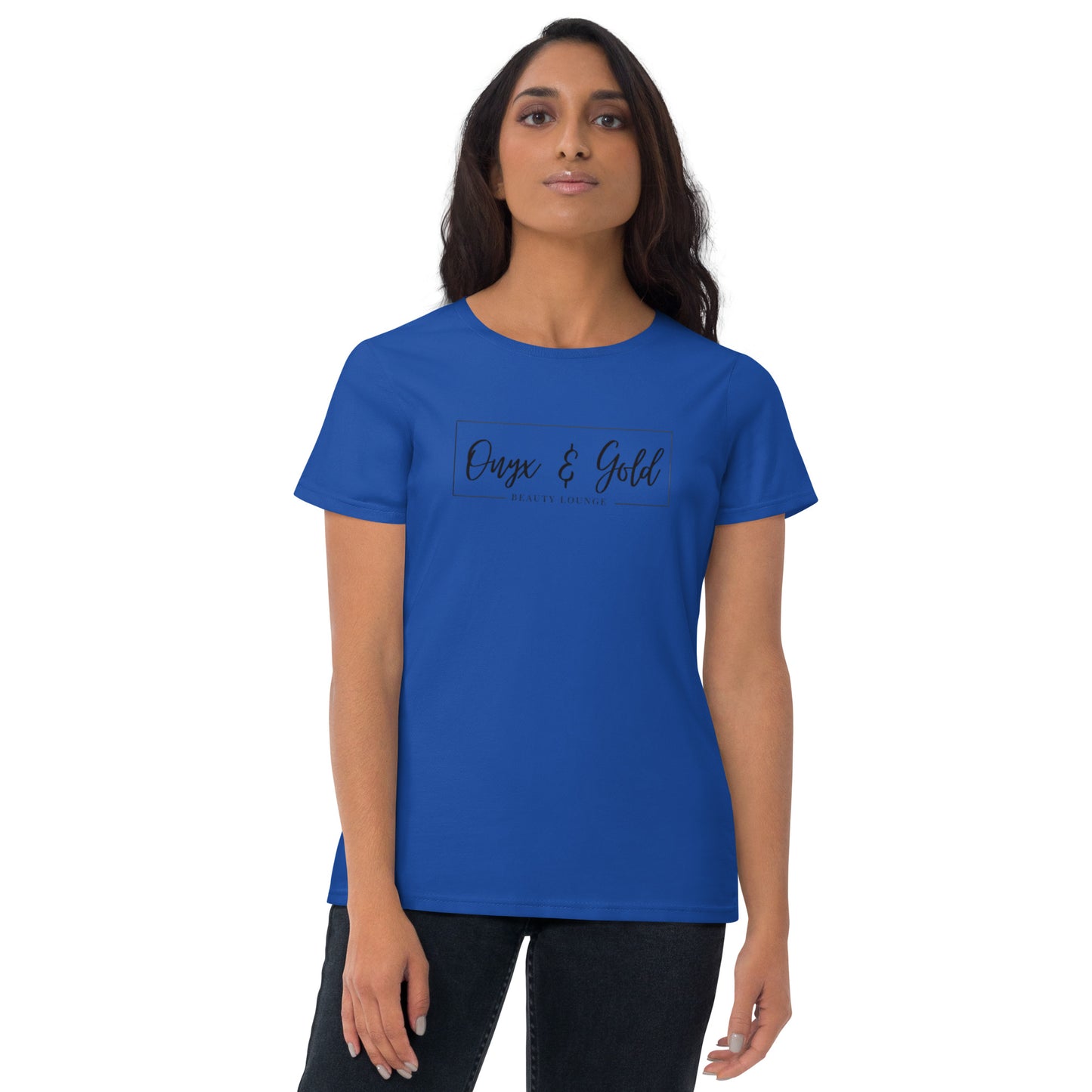Onyx & Gold -Women's Fashion Fit T-Shirt | Gildan 880 - Black Logo with logo on back
