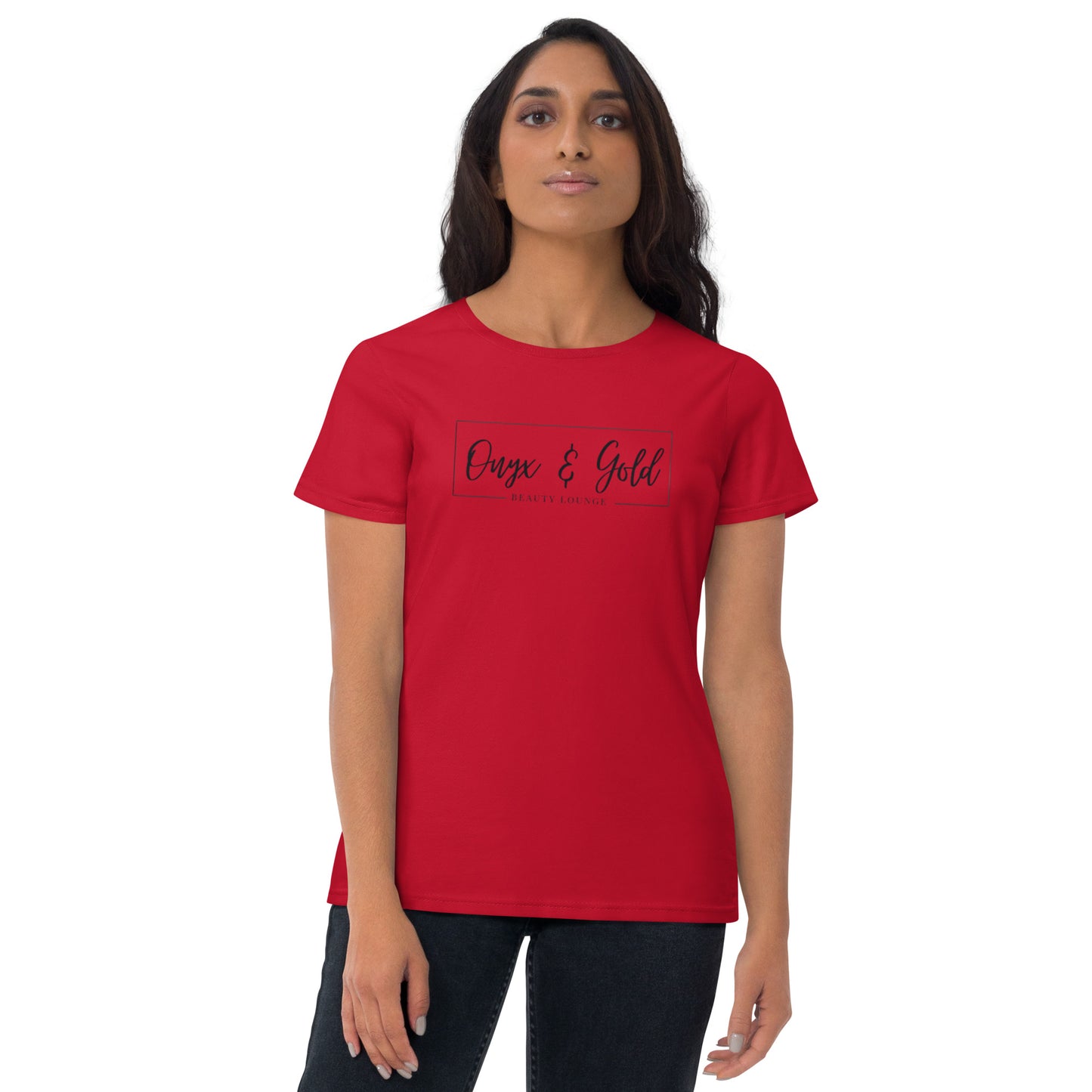 Onyx & Gold -Women's Fashion Fit T-Shirt | Gildan 880 - Black Logo with logo on back