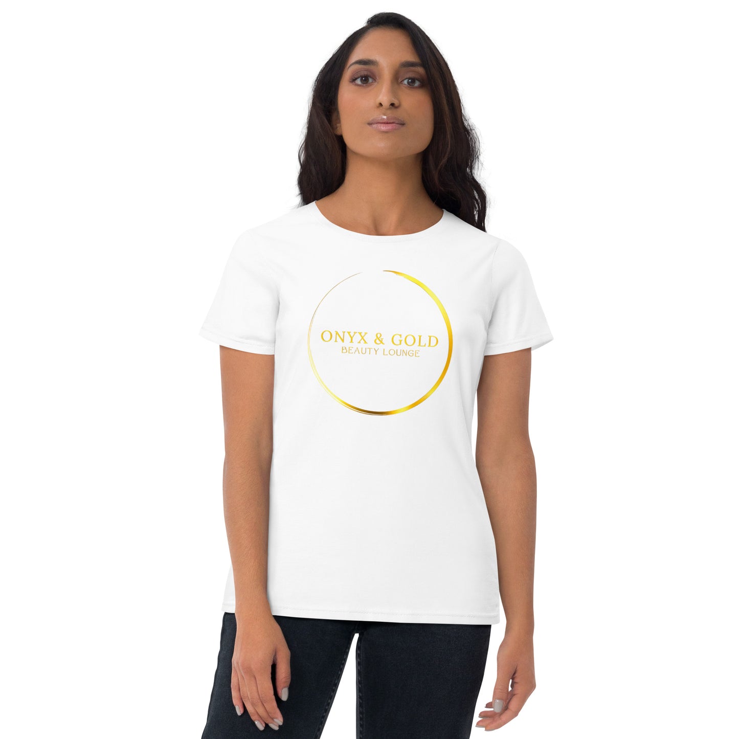 Onyx & Gold -Women's Fashion Fit T-Shirt | Gildan 880 - Gold Logo with logo on back