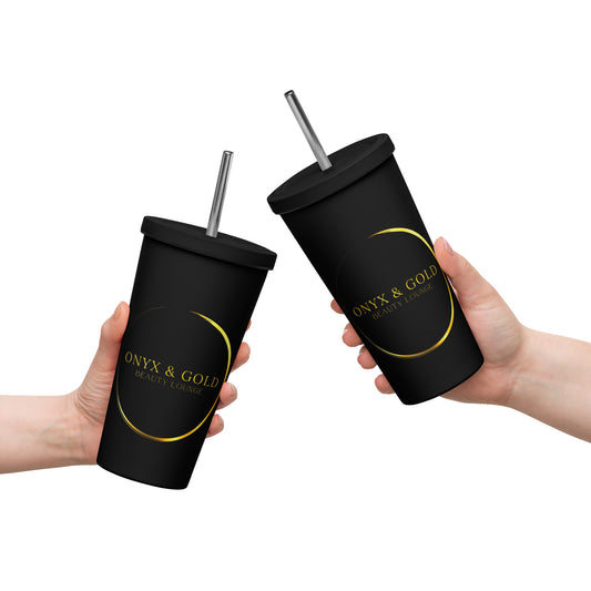 Onyx & Gold 20oz Black Insulated tumbler with a straw