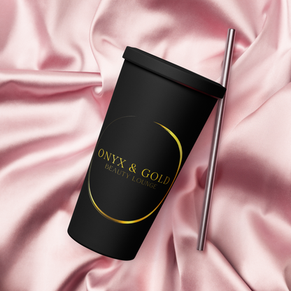 Onyx & Gold 20oz Black Insulated tumbler with a straw
