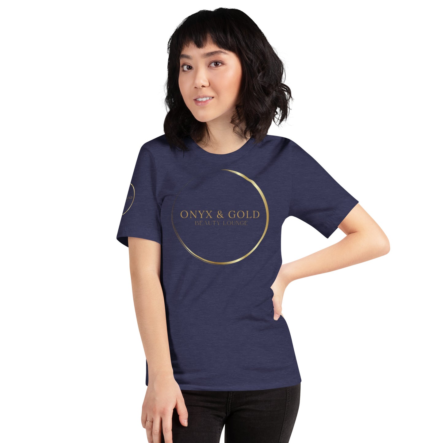 Onyx & Gold Unisex t-shirt - Gold Logo - Bella + Canvas 3001 - Right Sleeve Logo