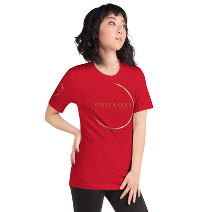 Onyx & Gold Unisex t-shirt - Gold Logo - Bella + Canvas 3001 - Right Sleeve Logo