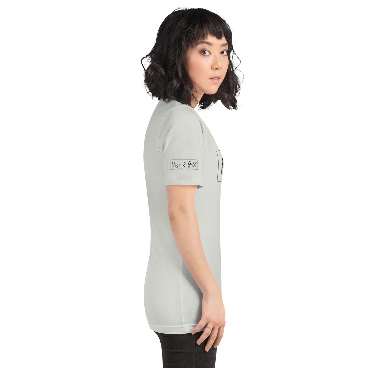 Onyx & Gold Unisex t-shirt - Bella + Canvas 3001 - Black Logo w/ Right Sleeve Logo