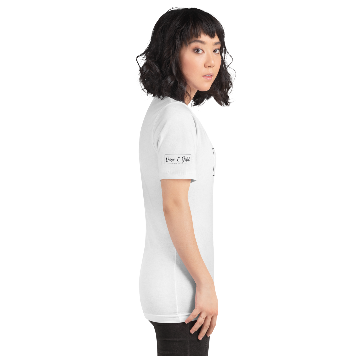 Onyx & Gold Unisex t-shirt - Bella + Canvas 3001 - OG Black Logo w/ Logo on Right sleeve