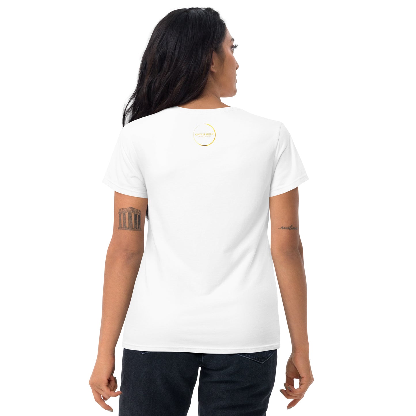 Onyx & Gold -Women's Fashion Fit T-Shirt | Gildan 880 - Gold Logo with logo on back